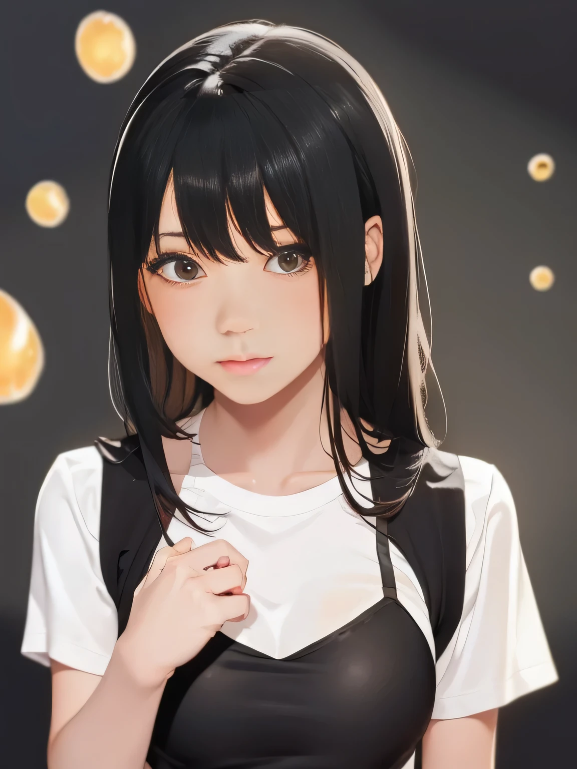 Appearance: Long black hair with hairpins
Expression: Blushing face, tears in eyes, mouth slightly open
Condition: Slightly sweaty
Background: Simple white background
Features: Bubbles floating around