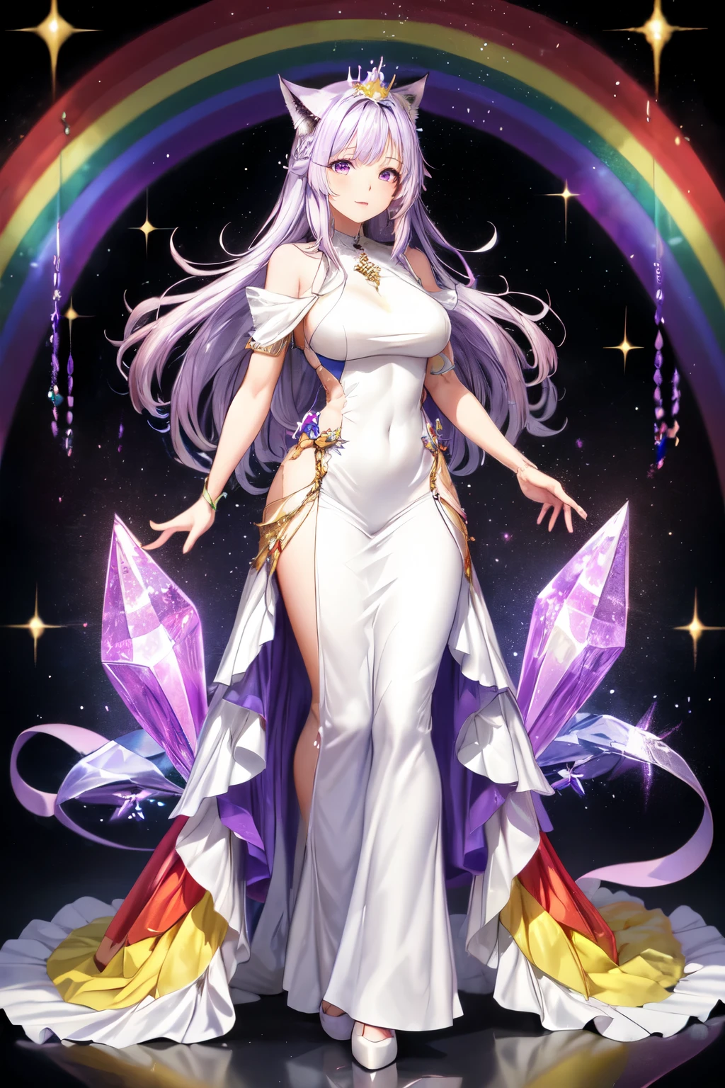full length body image of an older woman with light purple hair, purple eyes, foxtails, in a long rainbow dress, a crystal crown on her head, and crystals in the background