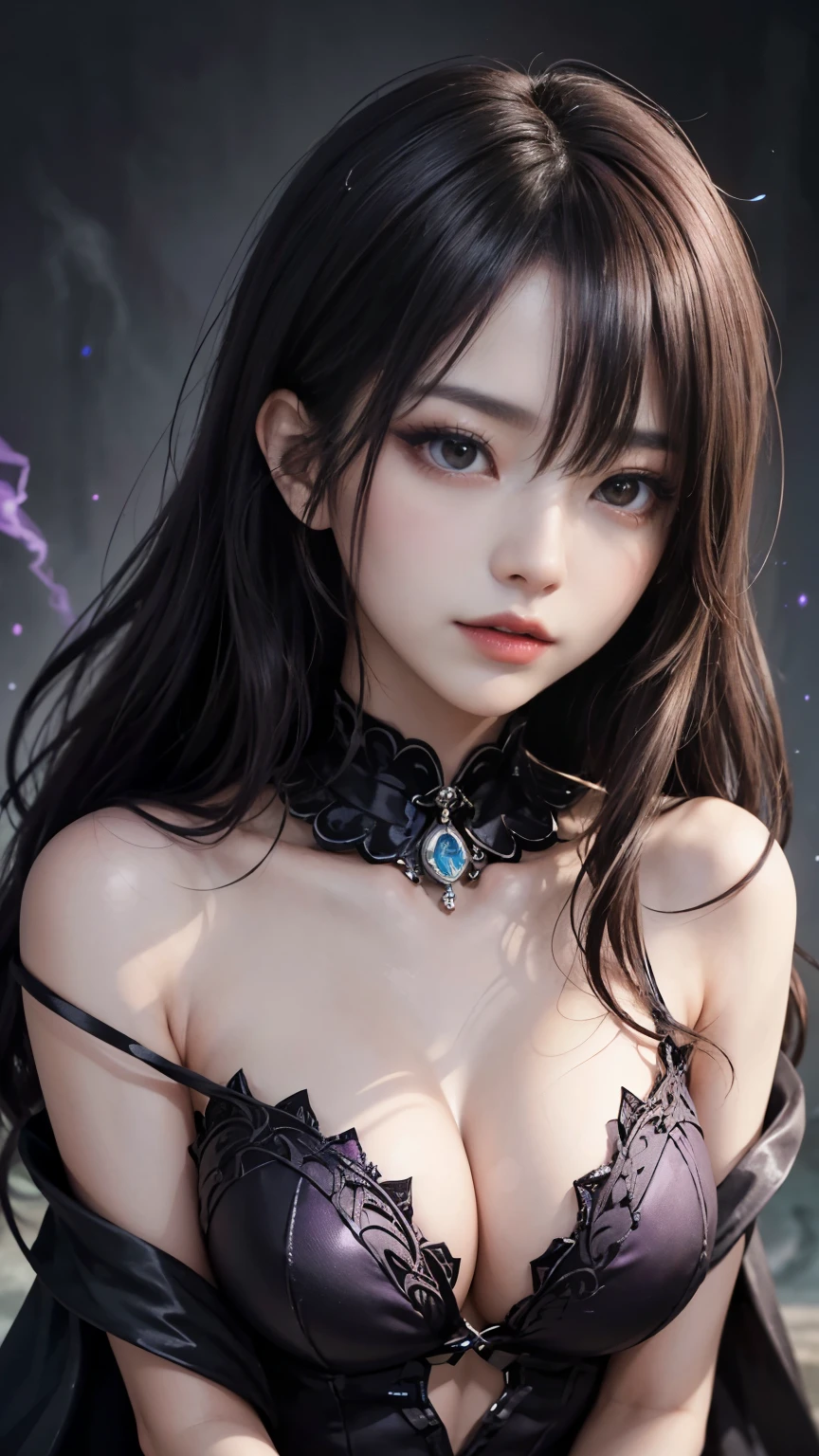 (masterpiece:1.2), High Resolution Body, Fine grain, (sexy:1.1), (Deep valley:1.3), (sexy bombshell:1.2), Female human, Dark Mage, Short white hair, Grey Eyes, (Dark and mysterious atmosphere), (Flowing black robe), (Magical symbol glowing on forehead:1.1), (An intricately carved magic wand), (Cast powerful spells), (Crackling purple energy), (Sinister Smile), (Ominous Purple Background), (Faint moonlight), (Surreal and magical lighting), (Careful consideration of facial expressions), (Seductive and seductive gaze), (Complex makeup with emphasis on the eyes:1.1), (A subtle yet captivating glow), (Delicate and graceful movements), (An aura of power and confidence), (Create a magic shield), (Dark Energy Vortex), (Floating Magic Runes), (Ancient Mysterious Scroll), (Mystical energy spark), (Mysterious smoke and fog), (Mysterious and fascinating), (A powerful and fascinating spell), (Controlling the shadows and darkness), (A mysterious and intriguing personality), (Dramatic and dynamic poses), (Light and shadow contrast), (Depth and three-dimensionality of body and facial features), (Vivid and rich color palette), (Contrast between warm and cool colors), (Highly saturated and bold colors), (Mysterious and magical atmosphere), (Unforgettable、Otherworldly beauty), (Evoke a sense of awe and wonder), (Combining elegance and strength), (The perfect balance between realism and fantasy).