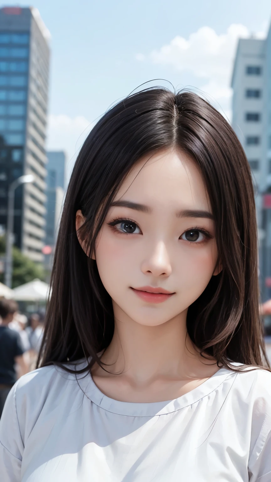 masterpiece, Highest quality, 8K, disorganized person, (Upper Body:1.4), White shirt, Beautiful girl, Beautiful face, Looking at the audience, smile, Ultra-realistic, High resolution, picture, The focus was clear, High resolution, Face Light, Dynamic Lighting, Cinema Lighting, Professional Shadow, Beautiful cityscape background, Best details, Very detailed, Super detailed, Finely detailed, Real Skin, Delicate facial features, Detailed face and eyes, Sharp pupils、Realistic students