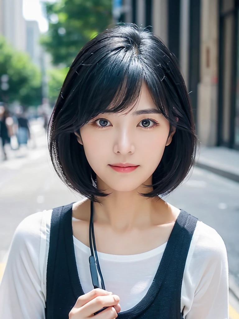A cute adult woman with black-haired bobbed hair.Clothes are simple
The background is in the city
reflect one's chest from someone's face