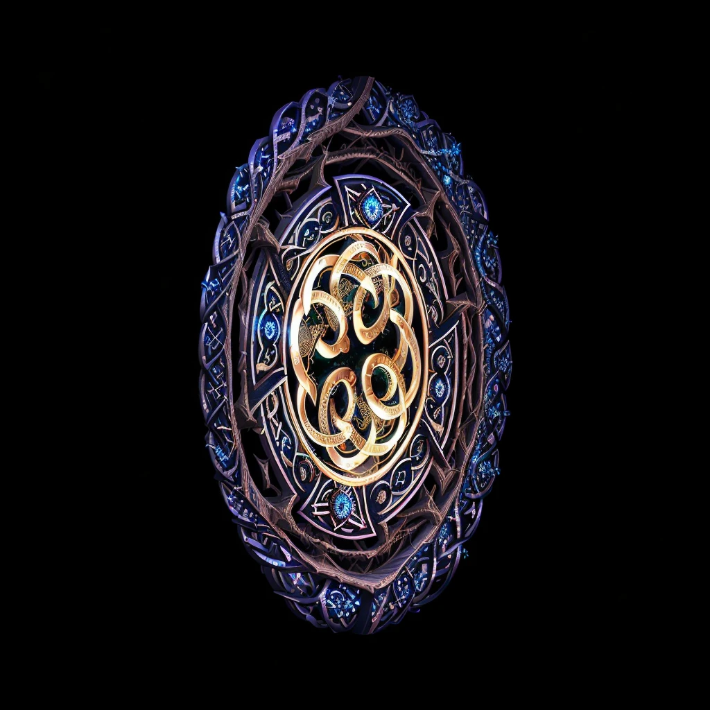 a close up of a circular design with a black background, celtic art style, celtic art, celtic knot, celtic symbols, celtic knots, 3 d celtic knot, crystaline celtic, celtic fantasy art, celtic designs, celtic golden symbols, dark but detailed digital art, celtic culture, celtic norse frankish, detailed digital artwork, intricate arcane wiccan designs. Very fine medallion made from gold. Norman's viking type infinity knot symbol in general with three of life with bright branches and the same size dark root branches of the same three in all komposition. Simetric. All detales in the shape of shield. Very fine picture. 8k. Canon mirrorglass lense. Light cinematic strong from up.