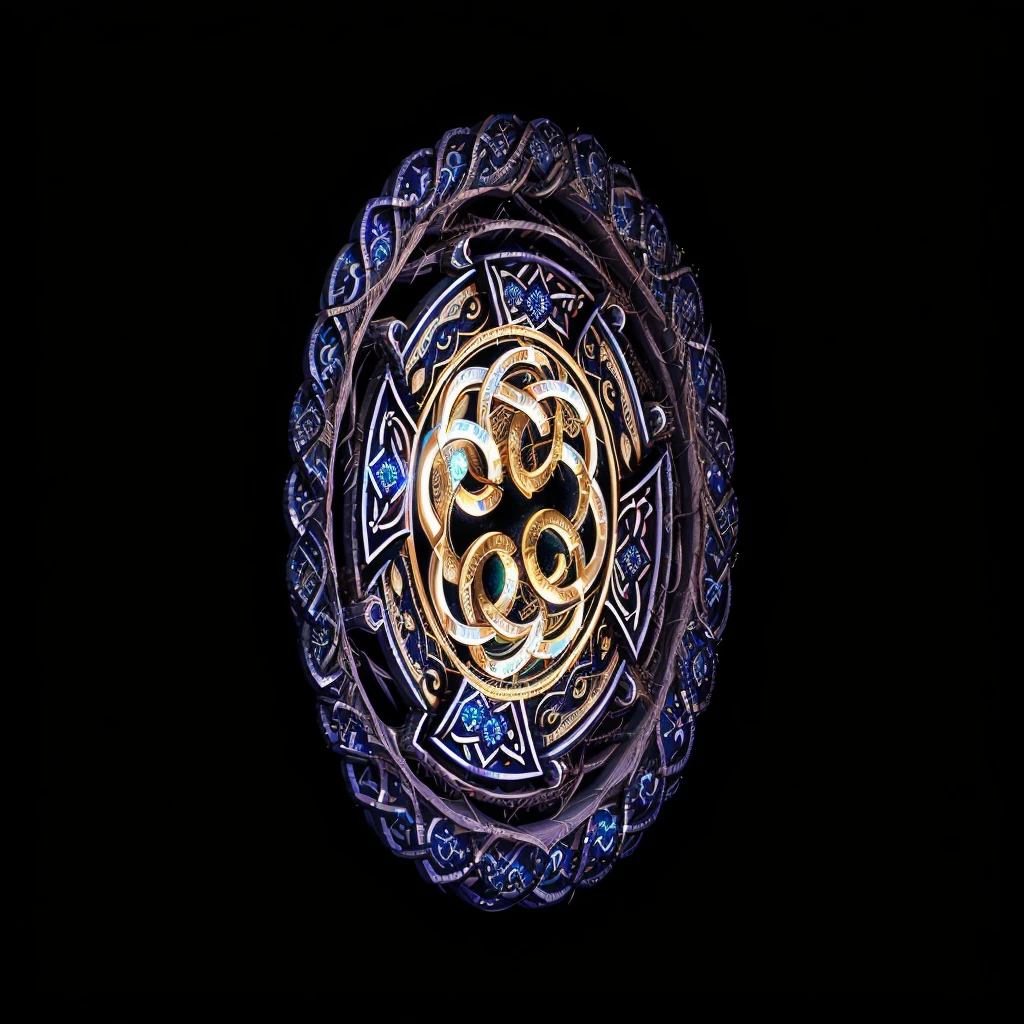a close up of a circular design with a black background, celtic art style, celtic art, celtic knot, celtic symbols, celtic knots, 3 d celtic knot, crystaline celtic, celtic fantasy art, celtic designs, celtic golden symbols, dark but detailed digital art, celtic culture, celtic norse frankish, detailed digital artwork, intricate arcane wiccan designs. Very fine medallion made from gold. Norman's viking type infinity knot symbol in general with three of life with bright branches and the same size dark root branches of the same three in all komposition. Simetric. All detales in the shape of shield. Very fine picture. 8k. Canon mirrorglass lense. Light cinematic strong from up.