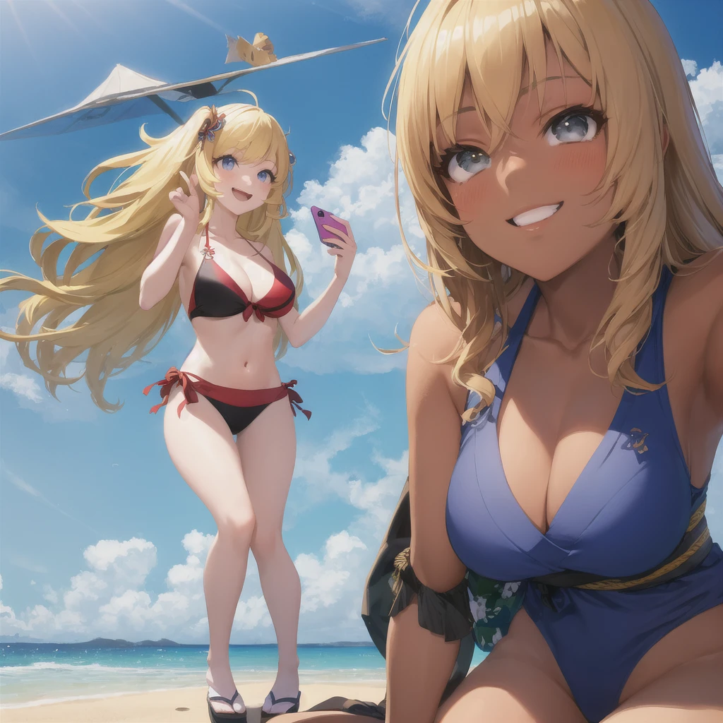 Realistic, 3 beautiful Japanese gals, Selfie, Face Enhancement, Face Zoom, Big smile, Long blonde hair, Wavy Hair, Dark Skin, Beach, bikini, Looking up from below