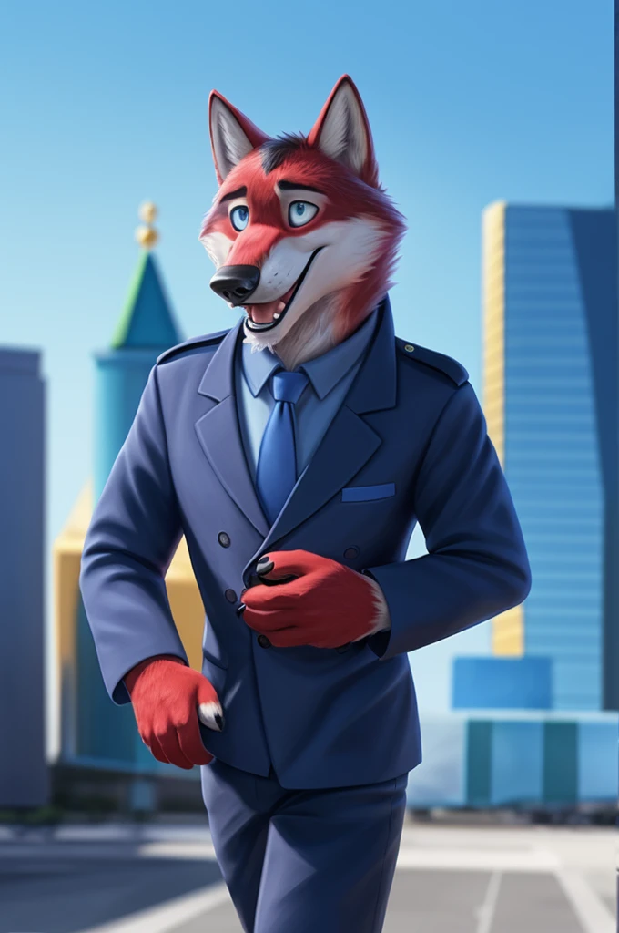 Ivan Wolfbach (Almaty, Kazakhstan),high,Beautiful,slim,24 years,wolf, red fur,high Beautiful wolf, 24 years,(red body:1.3),beautiful blue eyes,Almaty, Kazakhstan,Kazakhstan,dressed,Pilot's uniform,blazer,pilot uniform, stripe, cap, blazer, shirt, tie, trousers,canine, wolf, detailed fur, male, antro, paw pads, finger claws, at viewer, 5 fingers, paws, 5 fingers,morning,digital photography, soft focus,good mood,photorealism, realistic, photorealistic,digital style,from close walks around the city, Very close to the camera, digital photography, smile positive, good,mood,flag of Russia, open mouth laughter,
masterpiece, Best quality, ultra realistic, 8 k)
