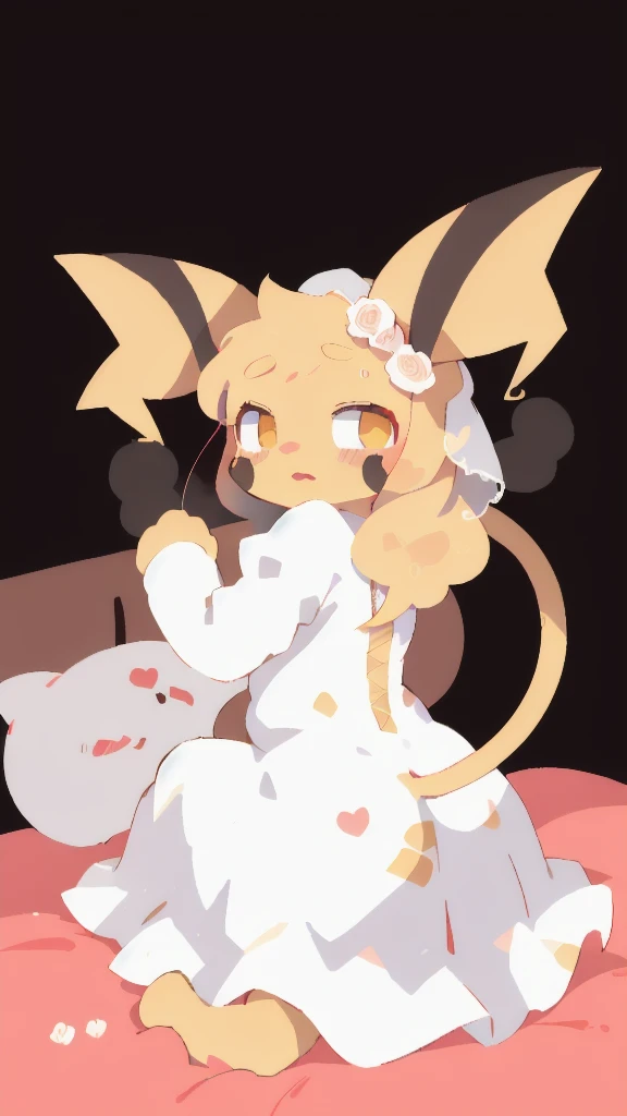 ((masterpiece)),((high qualit))y,((Best Quality)),(raichu:1.3),solo,no human,(finerly detailed face:1.3),(flat-colors),pokemon \(creature\),blush,(chubby),(Art by kishibe:1.3),anime,sweaty,(finerly detailed face:1.4),(Cute,Round face),young,raichu,(plump:1.3),16k,cel anime,flat-colors,thick thighs,(((Wedding dress))),full body,tail,on bed,(deformer face),big bottom,dark room,lokking back,big butt,white panties,cute,stick out butt,female,raichu tail,shy