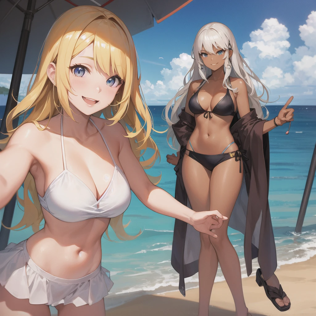 Realistic, 3 beautiful Japanese gals, Selfie, Face Enhancement, Face Zoom, Big smile, Long blonde hair, Wavy Hair, Dark Skin, Beach, bikini, Looking up from below