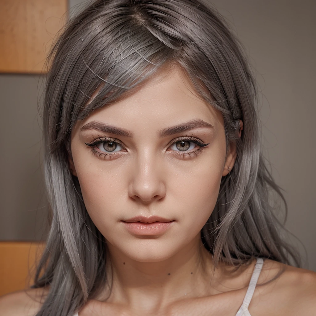 Create a young adult with gray hair and orange eyes with eyeliner that outlines all the eyes, she is from Switzerland, First create a profile picture
