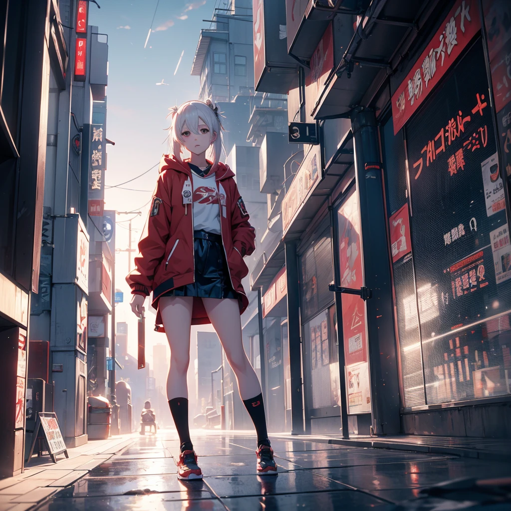 White-haired anime girl in a red jacket posing in front of a building, Anime style 4 k, Cyberpunk anime girl wearing a hoodie, Azur route style, Popular on cgstation, Bad guy anime 8k, best anime 4k konachan wallpaper, Anime style. 8K, Popular on cgstation内容, 4k anime wallpaper, Digital Cyberpunk Anime Art, Anime Wallpaper 4K