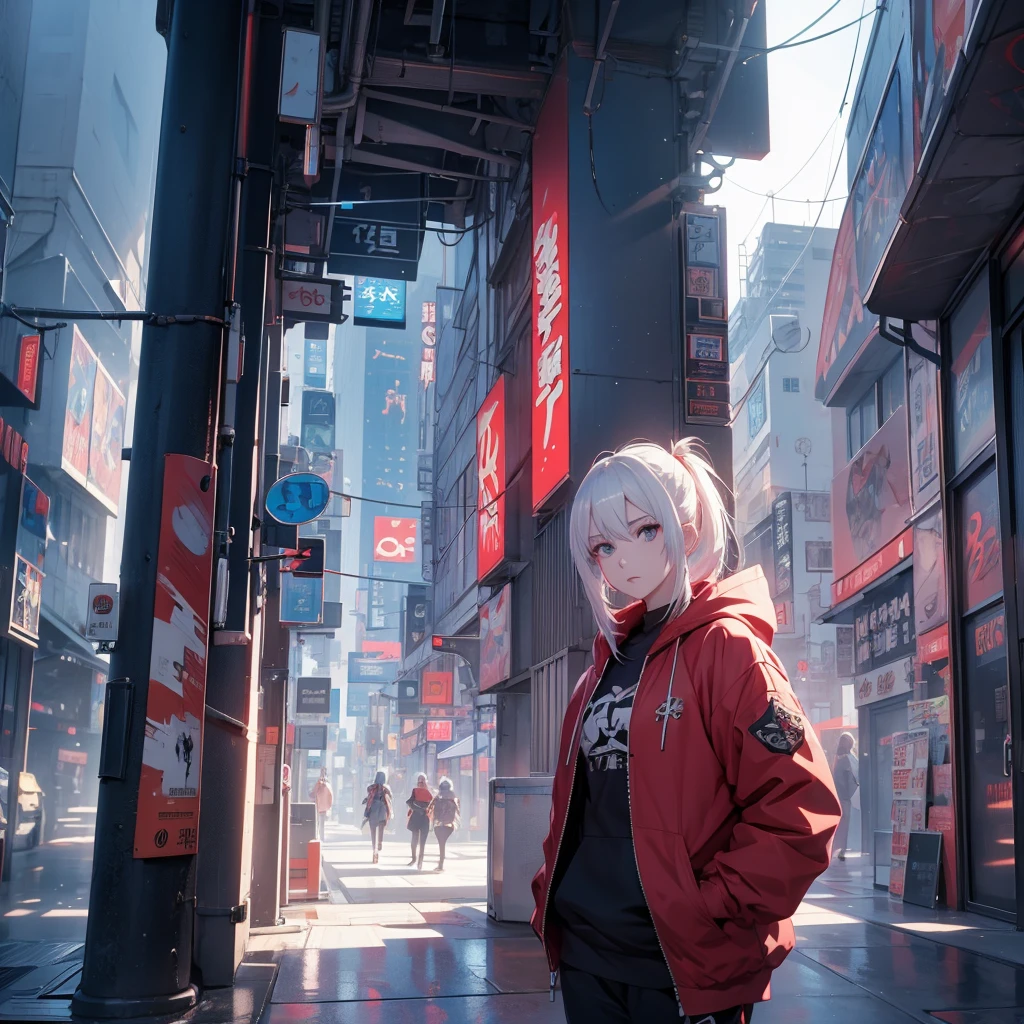 White-haired anime girl in a red jacket posing in front of a building, Anime style 4 k, Cyberpunk anime girl wearing a hoodie, Azur route style, Popular on cgstation, Bad guy anime 8k, best anime 4k konachan wallpaper, Anime style. 8K, Popular on cgstation内容, 4k anime wallpaper, Digital Cyberpunk Anime Art, Anime Wallpaper 4K