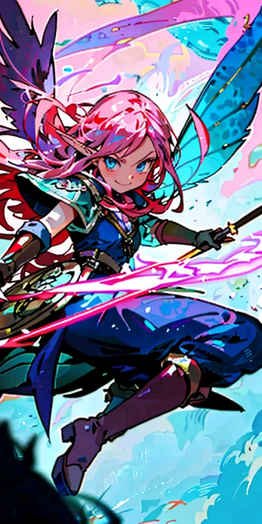 Very detailed illustration of a valkyrie, elf woman, long dark-pink hair, smirk, blue eyes, fairy wings, holding rapier, knee-length brown leather boots, blushed, zoomed, detailed colorful port environment, whimsical, tetradic colors, cartoon, darkest dungeon merged with league of legends, MSchiffer, fairytale, fantasy, cartoonish vector, anime, manga, vibrant, soft pastel colors, (cel-shaded) flat coloring
