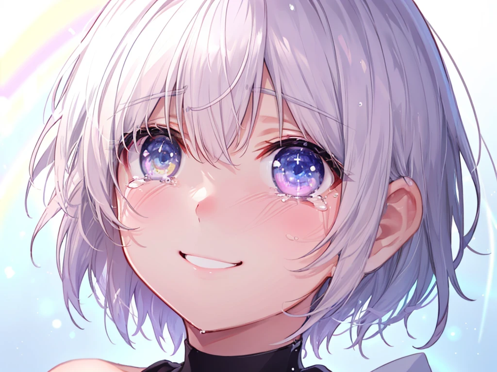 (((Extreme close-up tears smile Low - Angle))) ((輝くtears Rainbow Eyes Short Hair Receiving the light Rainbow light)) (Shining Edge)