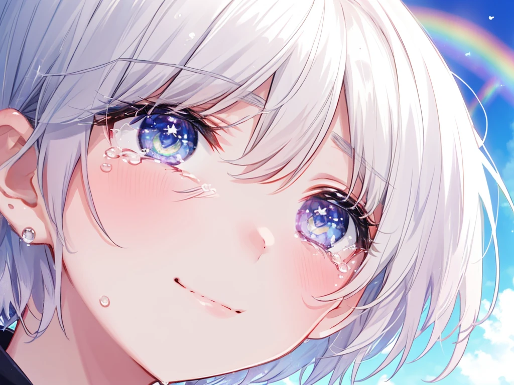 (((Extreme close-up tears smile Low - Angle))) ((輝くtears Rainbow Eyes Short Hair Receiving the light Rainbow light)) (Shining Edge)