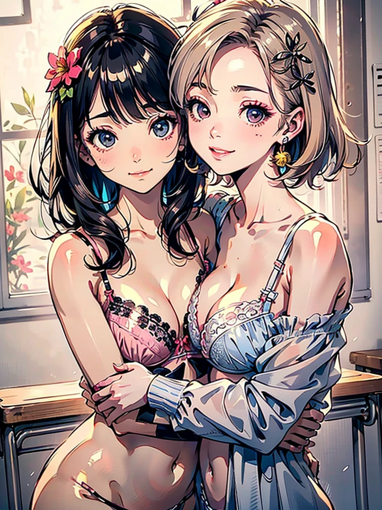 (Best quality, 8k, 32k, Masterpiece, UHD,:1.2),RAW, (2girls),ultra cute , natural lighting,transparent shining eyes, 20yo,medium breast ,fair complexion ,flushed face, ((Beautiful medium breasts)), ((bare breasts)), (Pink floral hair ornament), brown hair, (sheer microbra:1.6), cameltoe, School, classroom, soft smiling, naked, nude, nsfw, hugging