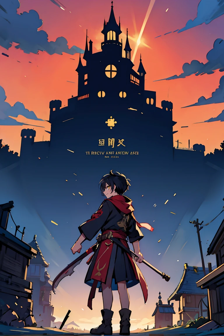 hui xiyi, rekkyou sensen, rekkyo sensen, black hair, yellow eyes, boy, male, hoodies, background with((fantasy world, ruin, castle, beautiful sky, shining sky, sunshine))