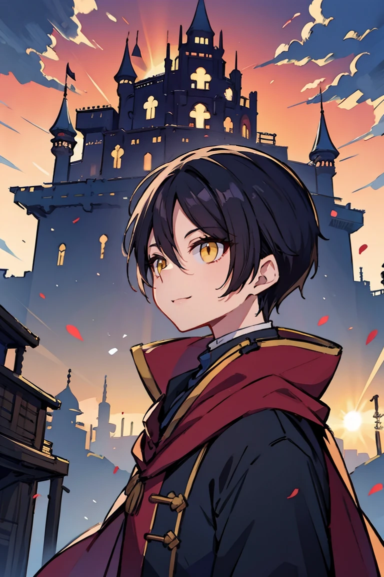 hui xiyi, rekkyou sensen, rekkyo sensen, black hair, yellow eyes, boy, male, hoodies, background with((fantasy world, ruin, castle, beautiful sky, shining sky, sunshine))