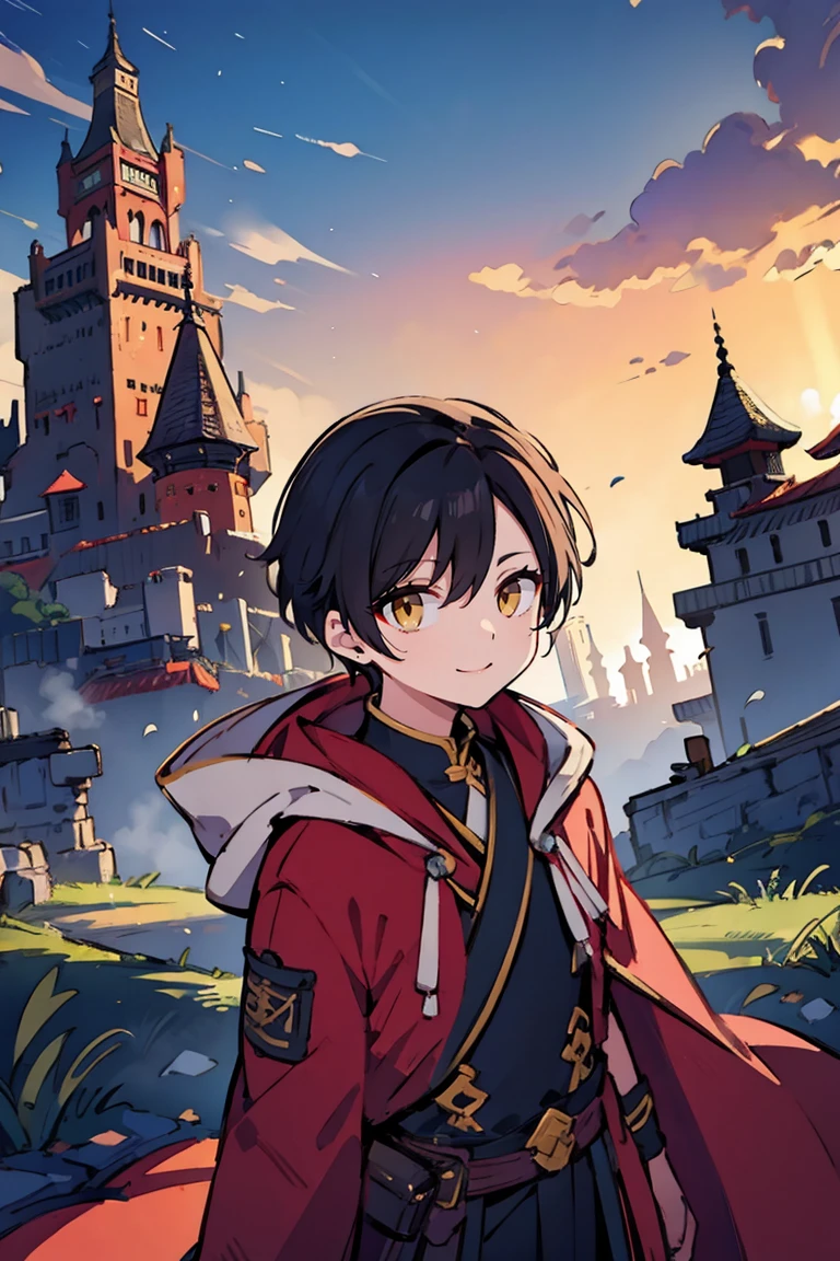 hui xiyi, rekkyou sensen, rekkyo sensen, black hair, yellow eyes, boy, male, hoodies, background with((fantasy world, ruin, castle, beautiful sky, shining sky, sunshine))
