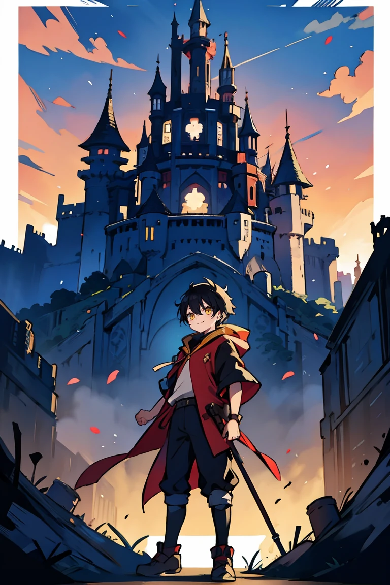 hui xiyi, rekkyou sensen, rekkyo sensen, black hair, yellow eyes, boy, male, hoodies, background with((fantasy world, ruin, castle, beautiful sky, shining sky, sunshine))