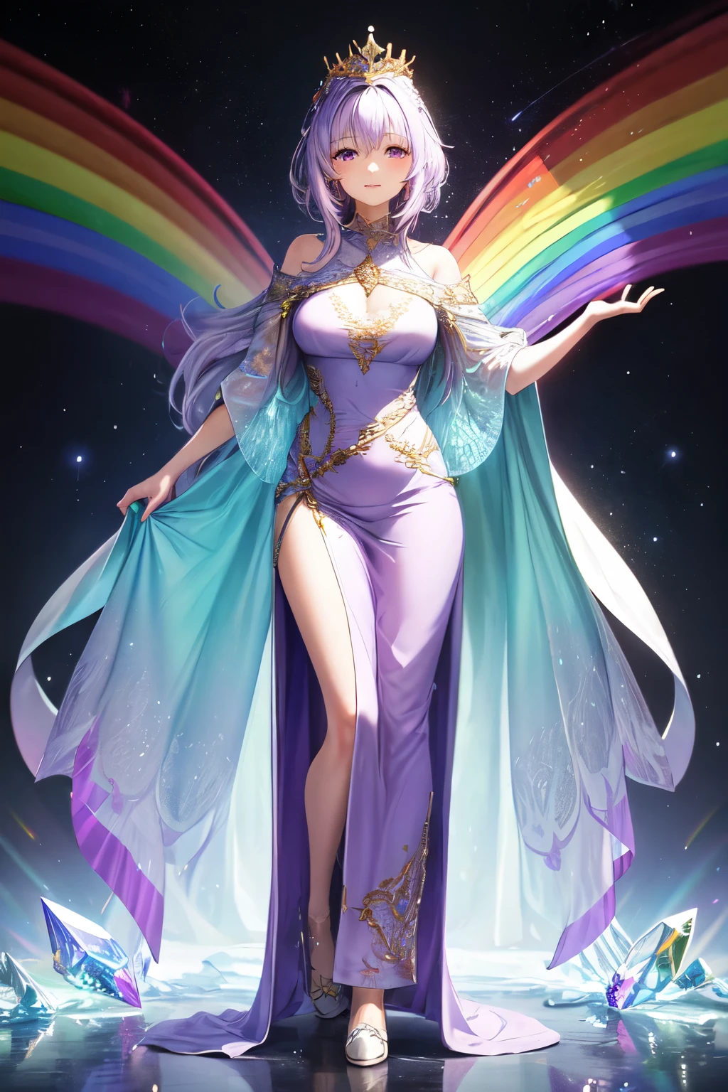 full length body image of an older woman with light purple hair, purple eyes, foxtails, in a long rainbow dress, a crystal crown on her head, and crystals in the background
