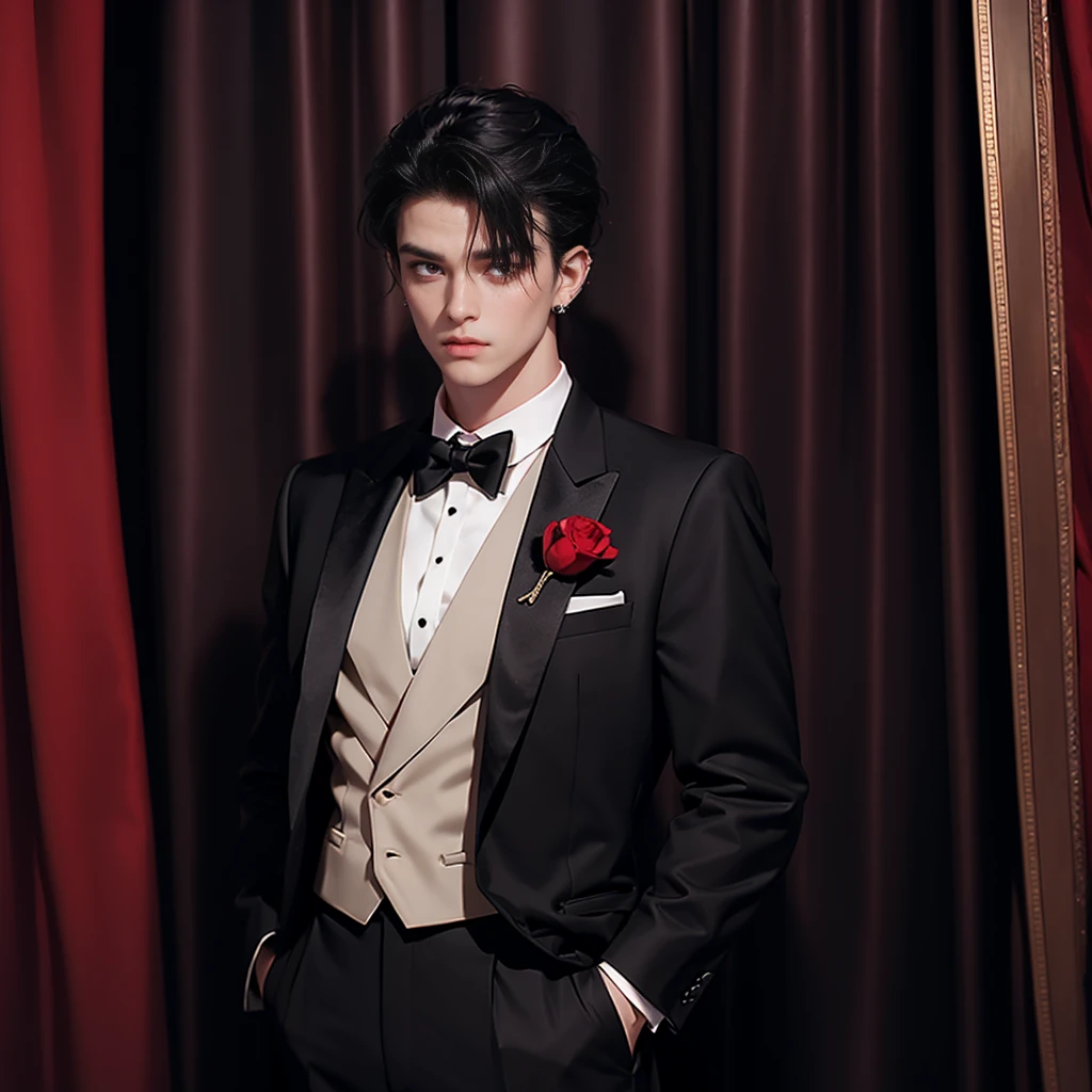 A man with shining red eyes and black curtain mullet haircut wearing tuxedo,wearing earrings,have tato on his neck,full body picture only him alone