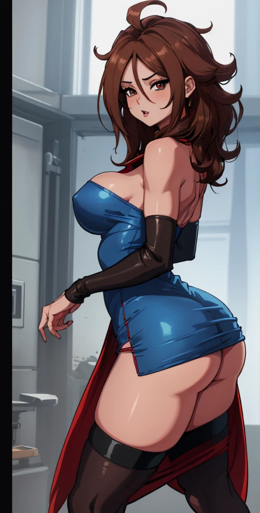 (best quality:1.3), android 21, ), busty, She is on the side, showing the side to the viewer, body is on its side, red and blue dress, Tight dress, very short dress, cleaveage, (brown hair), seductiv, rosto sexly, sexly, body curvy, big-ass, (short dress), strong legs