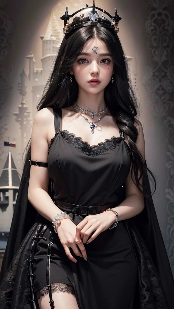 8K, ultra HD, masterpiece, realistic, 1 girl, good face, smoggy makeup, very long hair, princess hairstyle, detailed eyes, detailed lips, medium figure, very detailed dress, (black dress:1.5), (strap:1.5), (lace:1.5), (net stocking:1), (jewelry:1.8), (princess castle background:1.5), water, bloom lighting, night lighting, darkness,