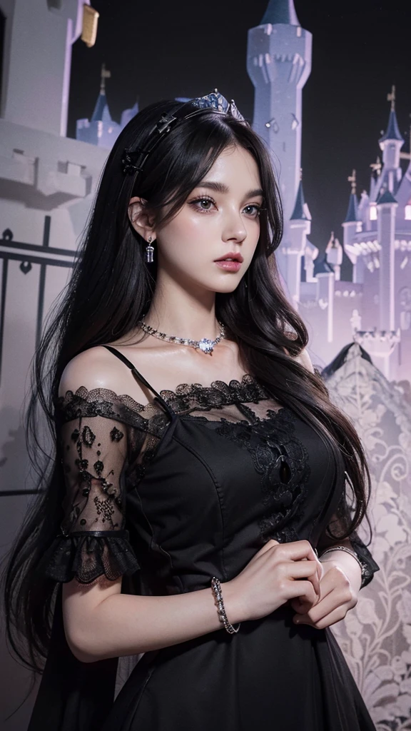 8K, ultra HD, masterpiece, realistic, 1 girl, good face, smoggy makeup, very long hair, princess hairstyle, detailed eyes, detailed lips, medium figure, very detailed dress, (black dress:1.5), (strap:1.5), (lace:1.5), (net stocking:1), (jewelry:1.8), (princess castle background:1.5), water, bloom lighting, night lighting, darkness,
