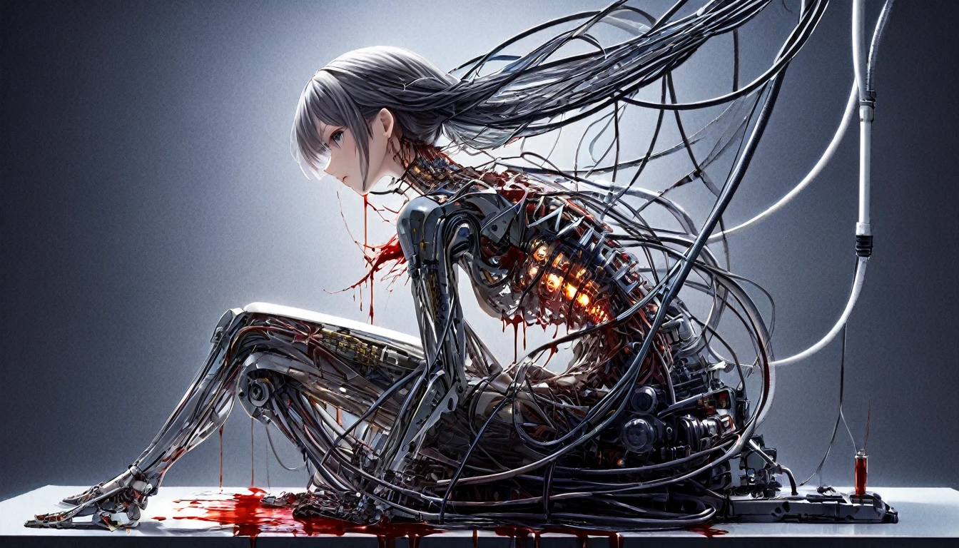 (masterpiece, Highest quality, Highest quality, Official Art, beautifully、aesthetic:1.2), (One girl:1.3), Very detailed,colorful,Most detailed ((Super detailed)), (Highly detailed CG illustrations), ((Very delicate and beautiful)),(From the side),Cinematic Light,((1. Machine Girl)),alone,whole body,(Machine made joints:1.2),((Mechanical limbs)),(Blood vessels connected to tubes),(Mechanical vertebrae attached to the back),((Cervical vertebrae mechanically attached to the neck)),(Sitting),Expressionless,(Wires and cables around the neck:1.2),(Overhead wires and cables:1.2)(Character Focus),sf,White Background,(Blood:1.5)