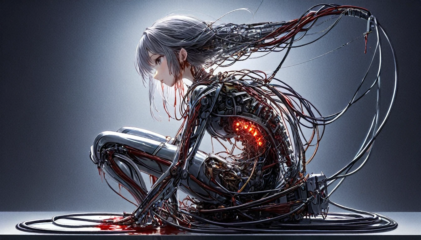 (masterpiece, Highest quality, Highest quality, Official Art, beautifully、aesthetic:1.2), (One girl:1.3), Very detailed,colorful,Most detailed ((Super detailed)), (Highly detailed CG illustrations), ((Very delicate and beautiful)),(From the side),Cinematic Light,((1. Machine Girl)),alone,whole body,(Machine made joints:1.2),((Mechanical limbs)),(Blood vessels connected to tubes),(Mechanical vertebrae attached to the back),((Cervical vertebrae mechanically attached to the neck)),(Sitting),Expressionless,(Wires and cables around the neck:1.2),(Overhead wires and cables:1.2)(Character Focus),sf,White Background,(Blood:1.5)