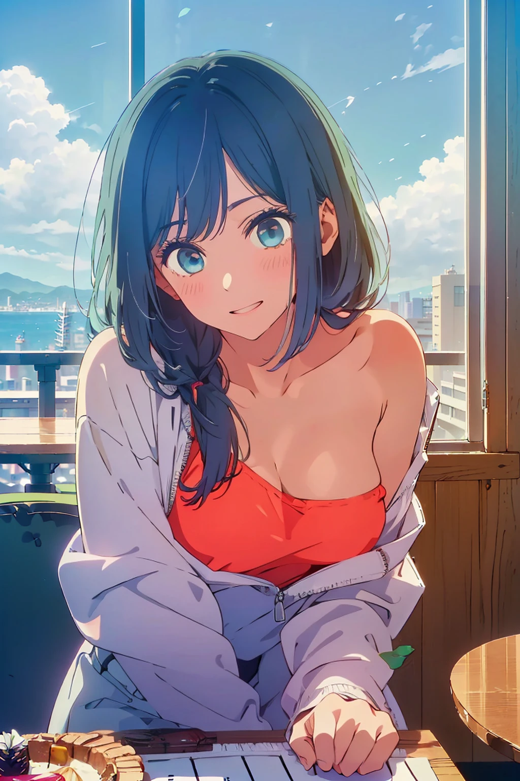 (Highest quality:1.4、8K:1.4、detailed)、F cup bust、Big Breasts、Slim body、Very white beautiful skin、((((1 person、smile、Surprised expression、sit、Chair、In the background are the urban buildings of Tokyo、looking at the camera、Indoor cafe terrace、Navy hair color、Straight Long Hair、juice、table、Shooting up close、Shooting from an angle、Very cute face))))、(Touching cheeks with both hands pose:1.4)、(((nude、Areola)))、Off-the-shoulder zip-up jacket、Nipples、Very blue sky、A completely cloudless sky