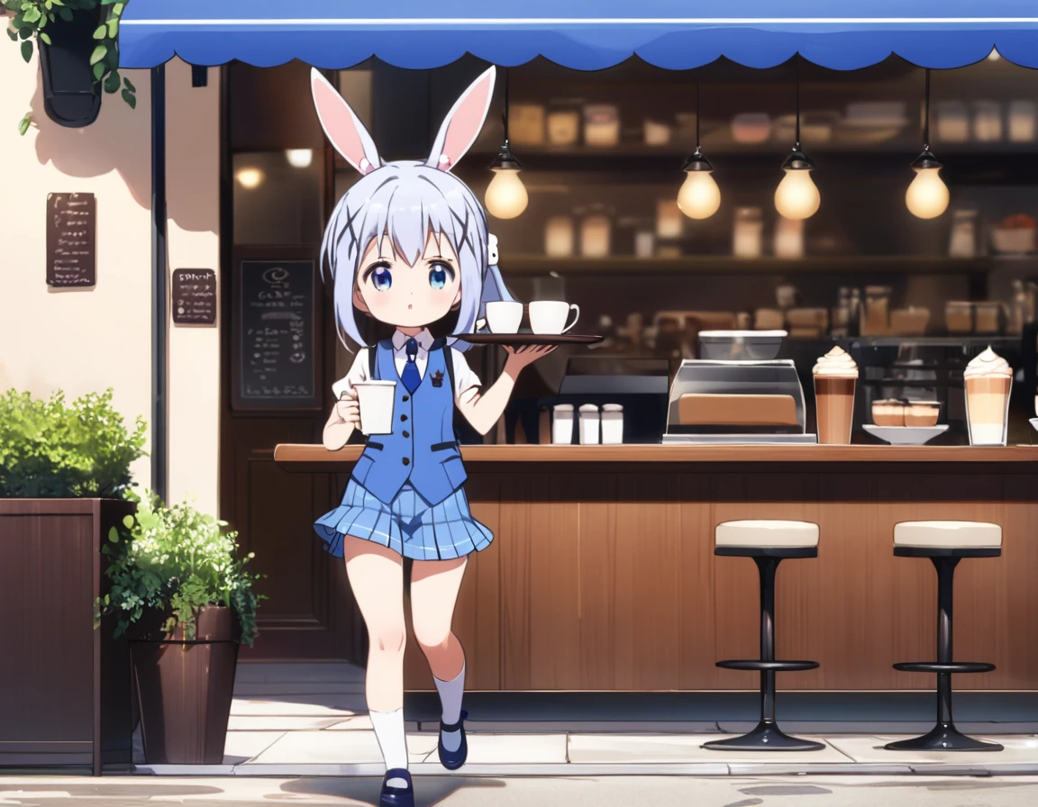 chino, best quality,perfect face, shining eyes, cafe,carrying a tray of coffee,****,full body,blue vest,short skirt,rabbit ornaments, walking to the table,from front view