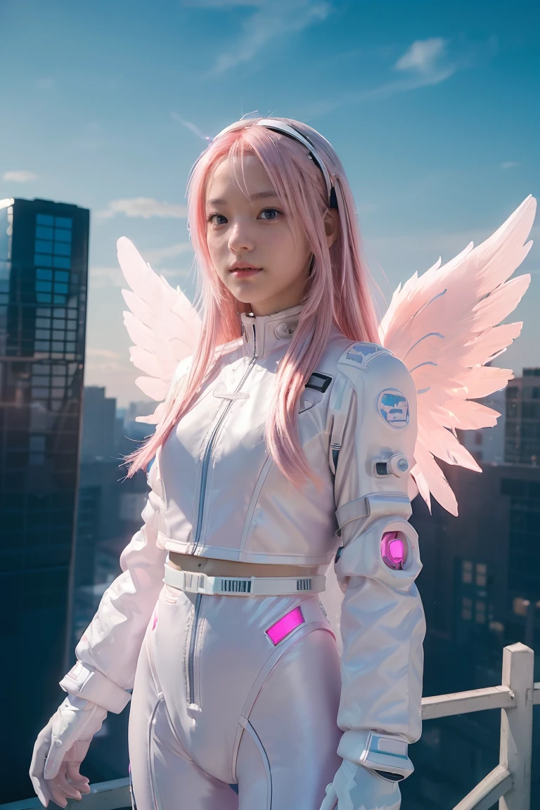 ((masterpiece, best quality, extremely detailed), volumetric lighting, ambient occlusion, colorful, glowing),
1girl, solo, young girl, (pink hair), long hair, halo, aura, sacred, godness, cyber suit, (white outfit:1.3), android, bot, angel wings,
outdoors, sunset, sky, clouds, space, (cyberpunk theme:1.2),