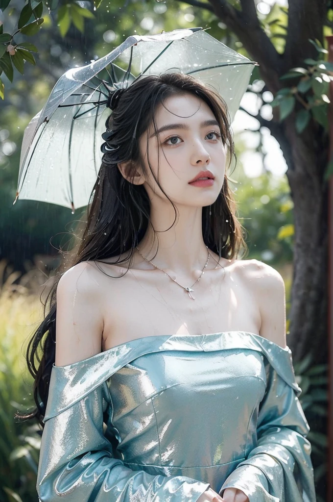 (((best quality))),(((ultra detailed))),(((masterpiece))),illustration,1 beautiful girl,solo,slim,thin,flat chest,shoulder length straight bob hair,flowing hair,fair skin,(shiny skin:1.3),sparkling eyes,blue dress,delicate necklace,grass,dewdropletts,trees,bird chirping,(shimmering shadows:1.3),serenity,gratitude,awe,wonders of nature,peace,contentment,magnificent world,summer,(pitch-dark dawn:1.5),(night scene:1.3),upper body,from front,(after rain:1.3),(wet:1.3),standing,dark clouds,confident gaze,elegant posture,mysterious atmosphere,solemn mood,beam of light,deep blue sky,dawn approaching,detailed decorations