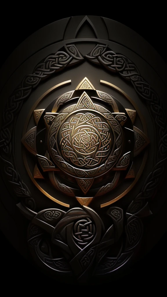 a close up of a circular design with a black background, celtic art style, celtic art, celtic knot, celtic symbols, celtic knots, 3 d celtic knot, crystaline celtic, celtic fantasy art, celtic designs, celtic golden symbols, dark but detailed digital art, celtic culture, celtic norse frankish, detailed digital artwork, intricate arcane wiccan designs