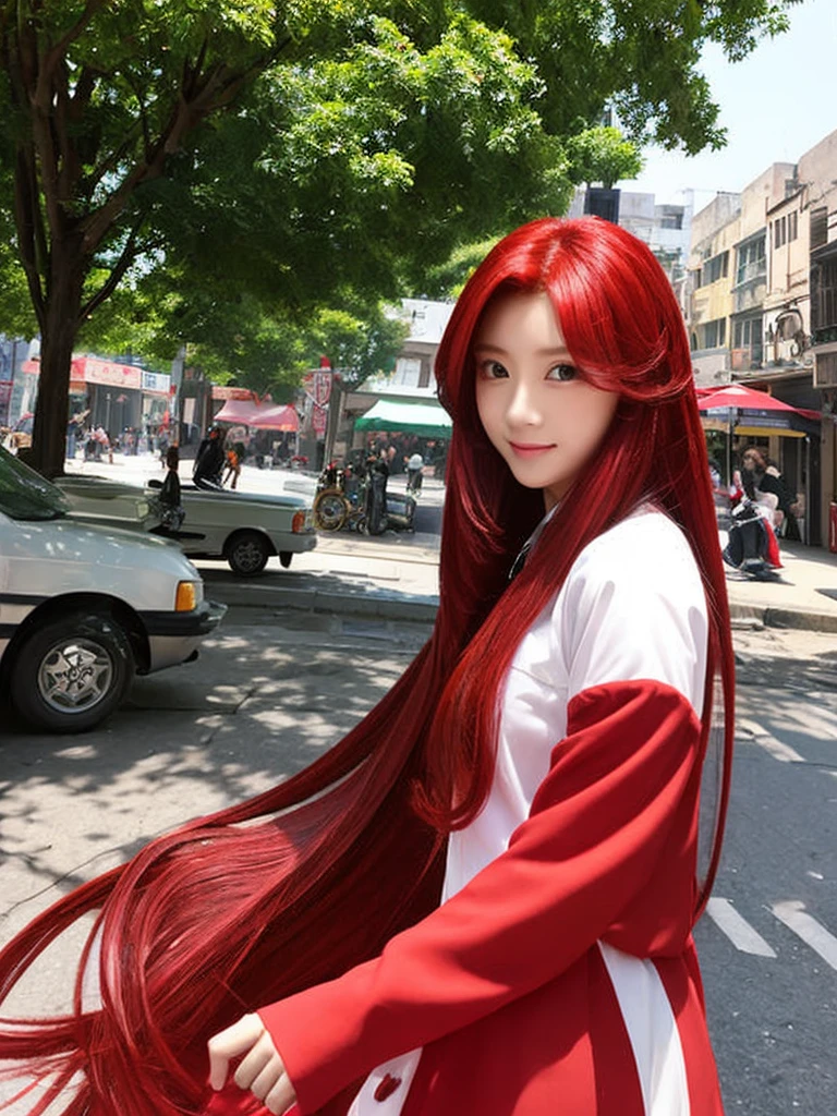 a woman of Y2K character
long red hair
It's like a picture of a hair salon commercial
The background is a street tree