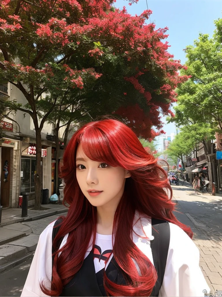 a woman of Y2K character
long red hair
It's like a picture of a hair salon commercial
The background is a street tree