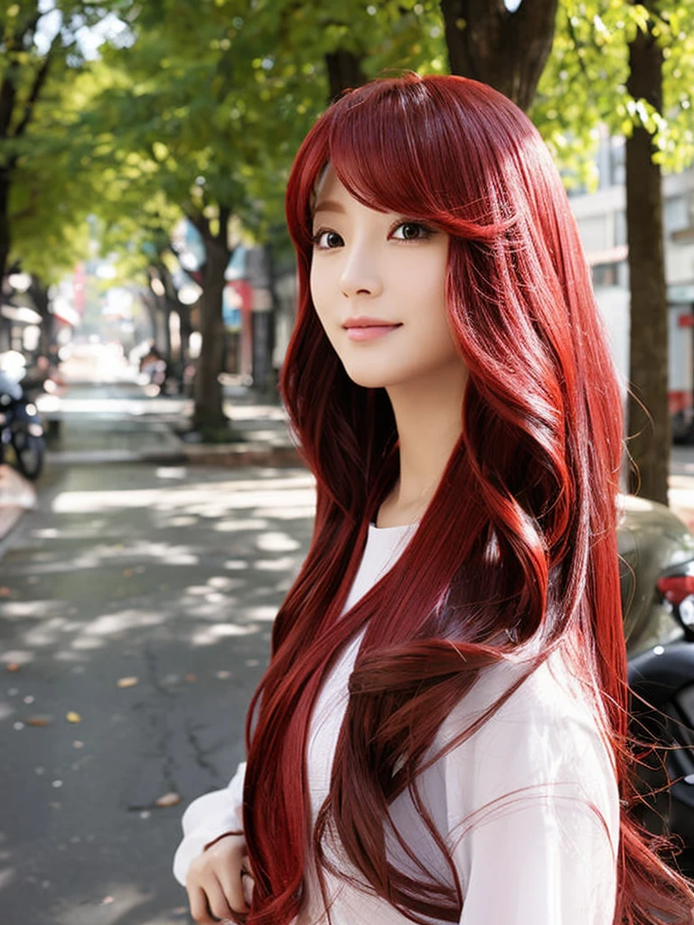 a woman of Y2K character
long red hair
It's like a picture of a hair salon commercial
The background is a street tree