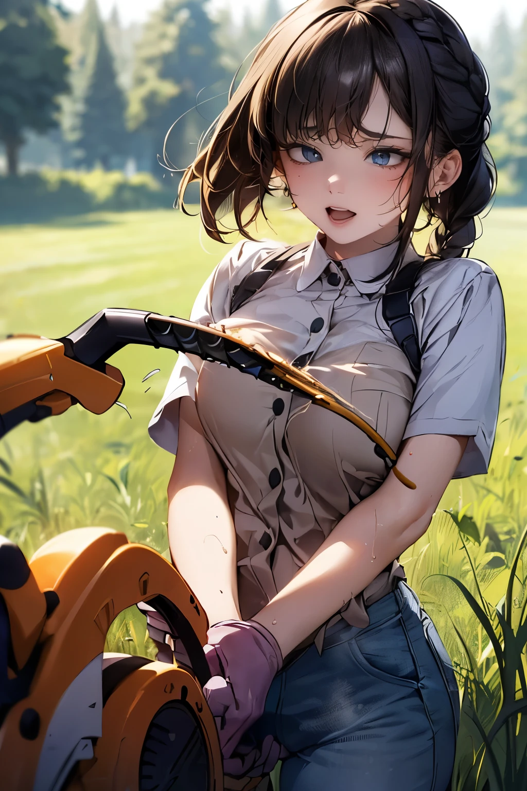 (((round face))), drooping eyes, sweat, shame, a young housewife, (ecstasy face, lewd girl), (((hit her crotch against a vibrating grass trimmer handle, masturbating with complete concentration))), braid, trees, sky, large garden,