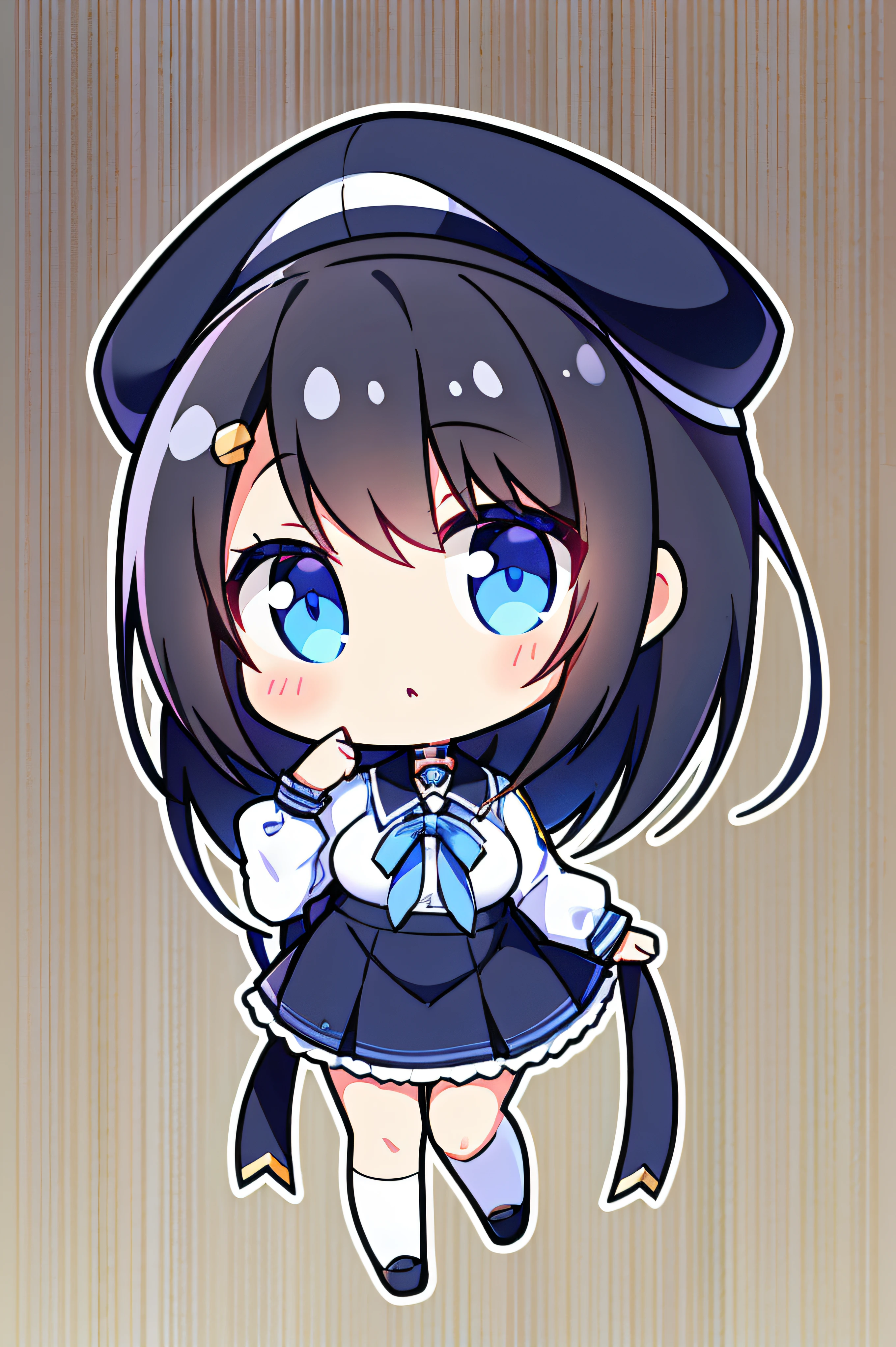 Anime Girls, 1 person, Black Hair, Hair clip on the right side of the bangs, Black Hat, Bright Blue Eyes, White women&#39;s shirt, Small light blue ribbon on chest, Office Uniforms, Tight-fitting shirt, Tight Skirt, stockings,Little,whole body, Big Breasts, Front view, alone