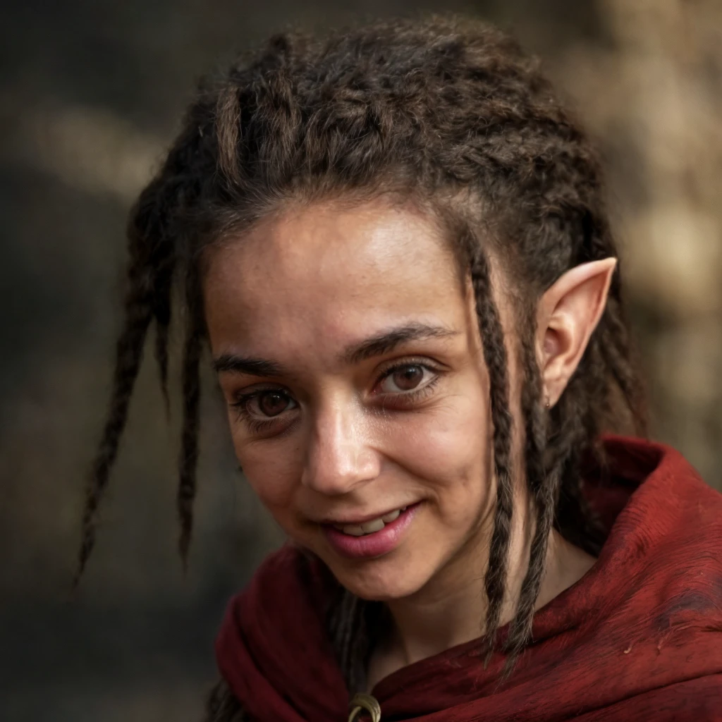 (masterpiece)+, (extremely (realistic)+,a portrait of an ugly young female halfling vagabond, Brown dreadlock hair. Child-like facial features, Pointy elf ears, bad skin, dirty, Wearing tattered cloak, Cheerful, smiling, Cheerful stare. Looking in camera. volumetrics dtx, Photorealistic, ultra detailed, Artstation trending, very very detailed, realistic shaded lighting, dynamic shadows, detailed Forest background, upper body, professional photograph of a detailed skin, sharp focus, dramatic, award winning, cinematic lighting, octane render, unreal engine, volumetrics dtx, Photorealistic, ultra detailed, Artstation trending, very very detailed, hyperrealistic, fine details, realistic shaded lighting, dynamic shadows, Forest background, add_detail:1, skin pores and wrinkles, details.,More Reasonable Details