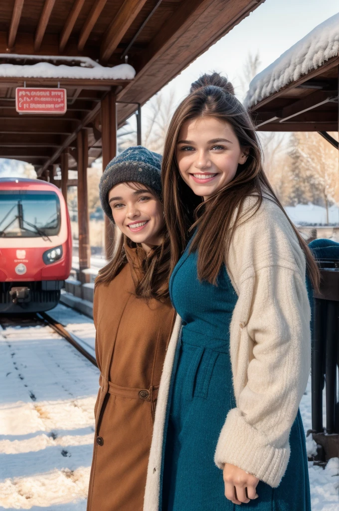 Professional photograph, best quality, 8K, hyper detailed, half body, A close up portrait of two friends posing for the camera, an argentinian male who has dark brown hair and a russian female who has light brown hair, the both of them are wearing winter outfits, Both are nice people from Argentina and Russia, who share a true and beautiful friendship between a male and female, and who are united. They're glad, smiling and enjoying a day at park in winter. They pose gladly for the camera. Railway station at background.