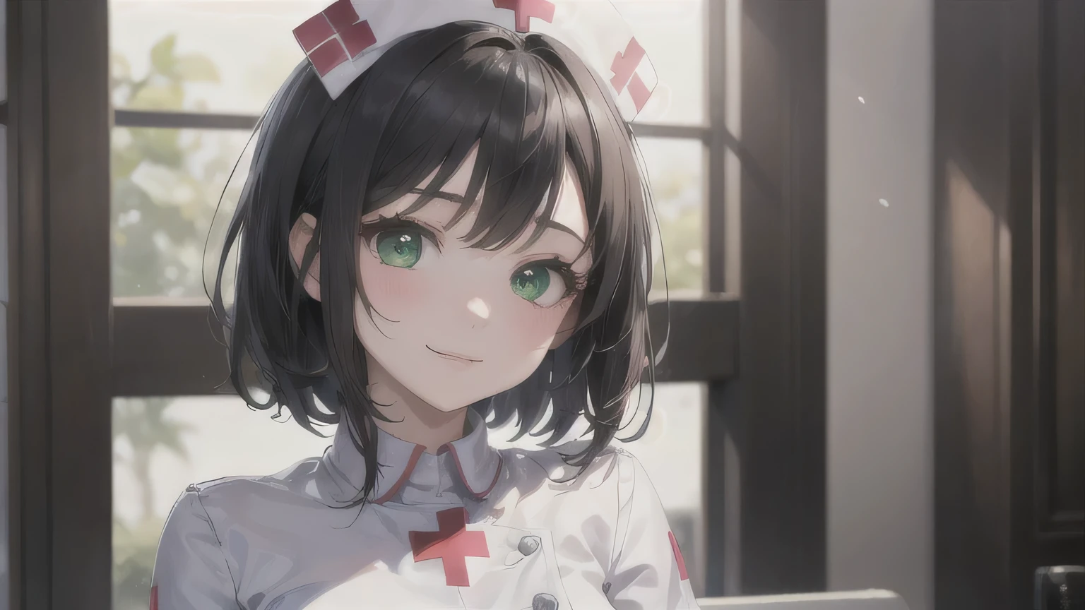 One Girl,20-year-old,Beautiful Face,Upper Body,Medium Sidecut, Black Hair, Sharp focus,Nurse uniform、A shy smile、Gentle eyes、Droopy eyes、Green Eyes