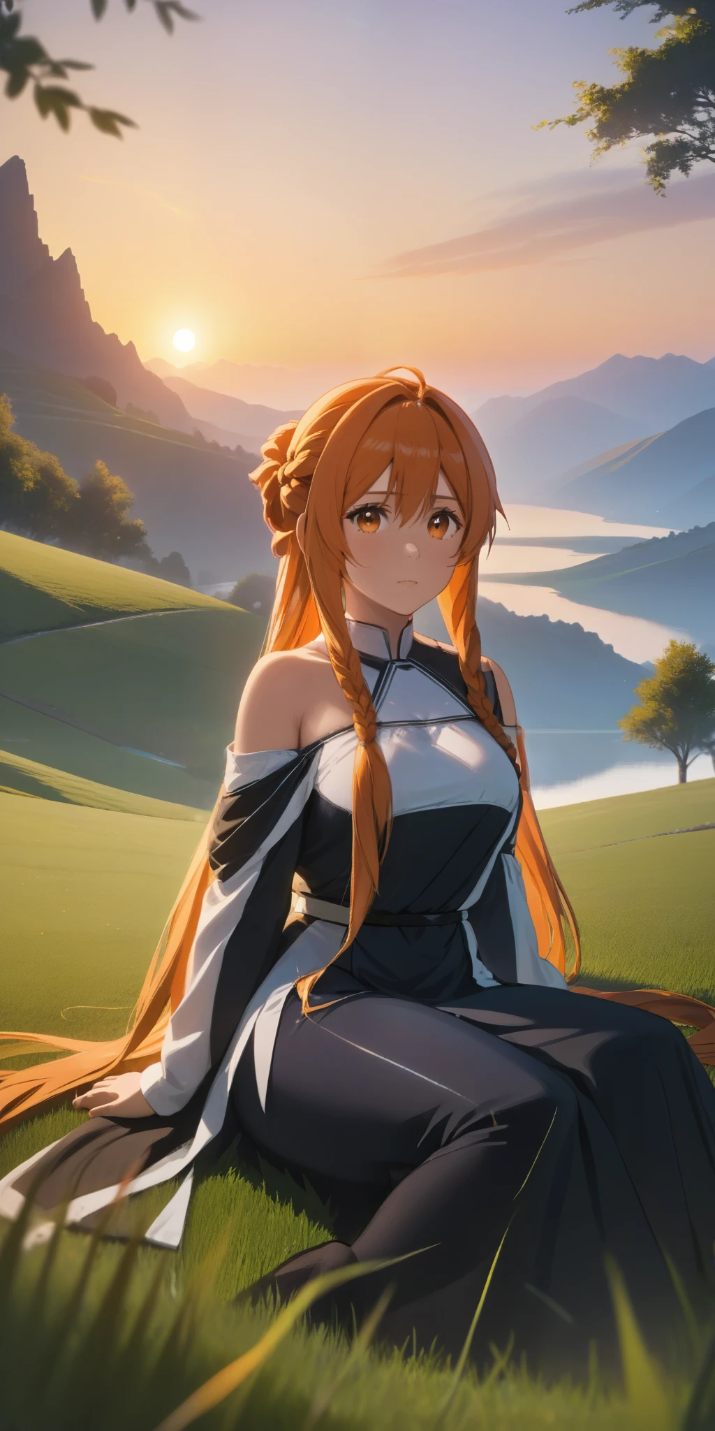 score_9, score_8_up, score_7_up, score_6_up, uncensored, Asuna Yuuki long hair, orange hair, fold hair, braid, orange eyes, breasts, epic art, fantasy, 1girl, grass, solo, barefoot, sitting, breasts, mountain, sunset, dress, bare_shoulders, outdoors, looking_at_viewer, off_shoulder, field, sky, lake, collarbone, mountainous_horizon, indian_style, twilight, tree, black_dress, large_breasts, scenery, medium_breasts, feet, off-shoulder_dress, (bokeh:1.3), rock,