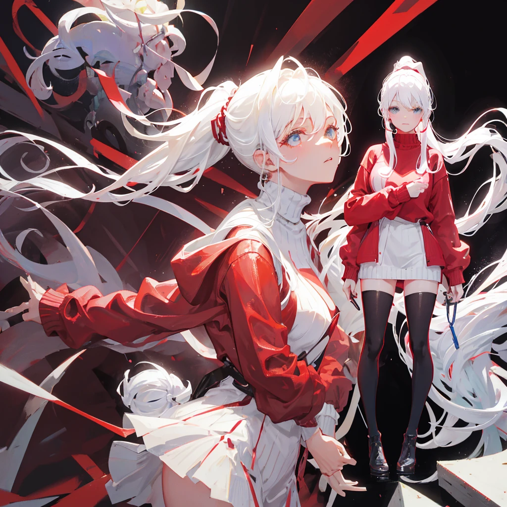 Wearing a red sweater with a high ponytail,Beautiful figure,White hair