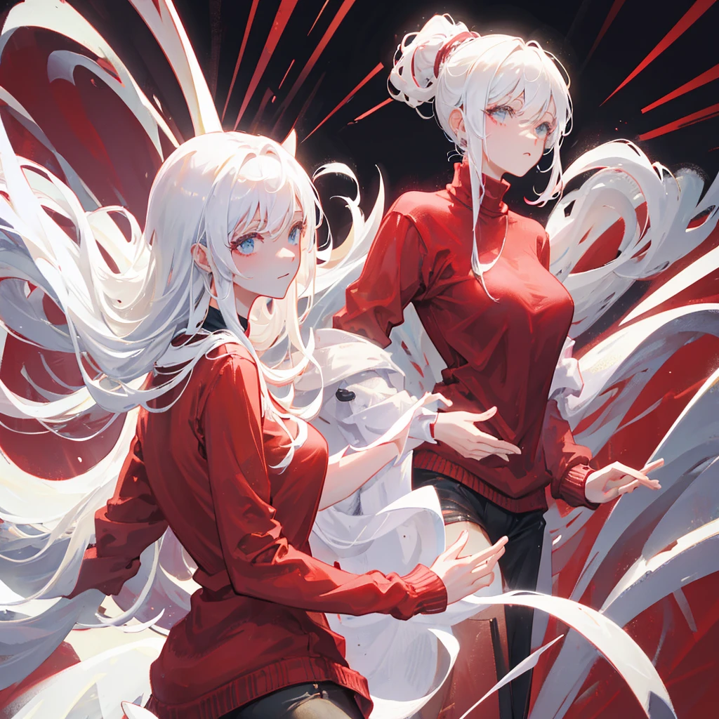 Wearing a red sweater with a high ponytail,Beautiful figure,White hair
