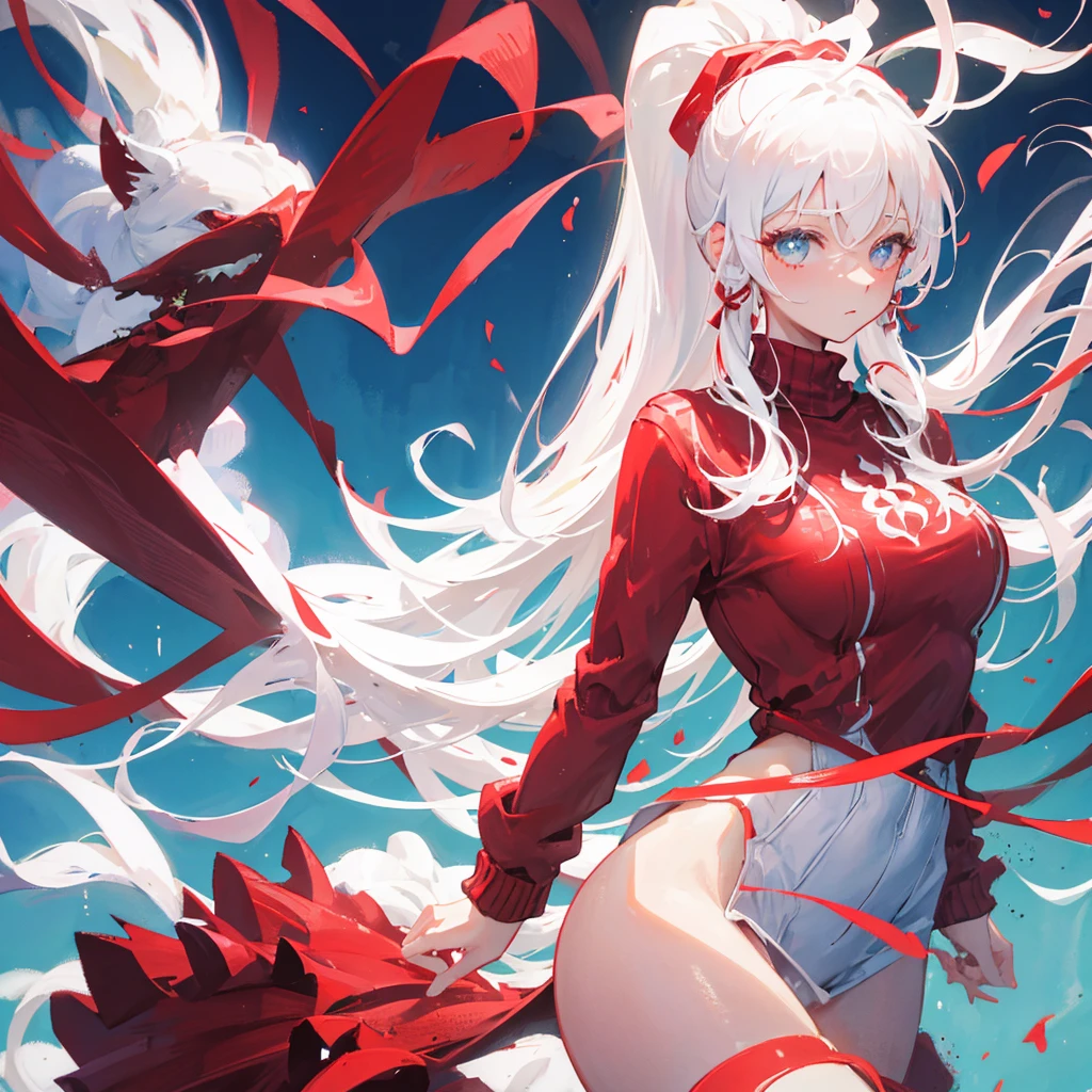 Wearing a red sweater with a high ponytail，Beautiful figure，White hair