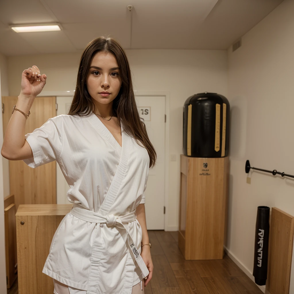1girl in, 30 years old, Square face, Long hair, Looking at viewer, jewelry, Reality, Sexy, karate uniform, karate dojo , free pose