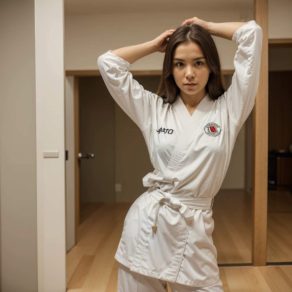 1girl in, 30 years old, Square face, Long hair, Looking at viewer, jewelry, Reality, Sexy, karate uniform, karate dojo , free pose
