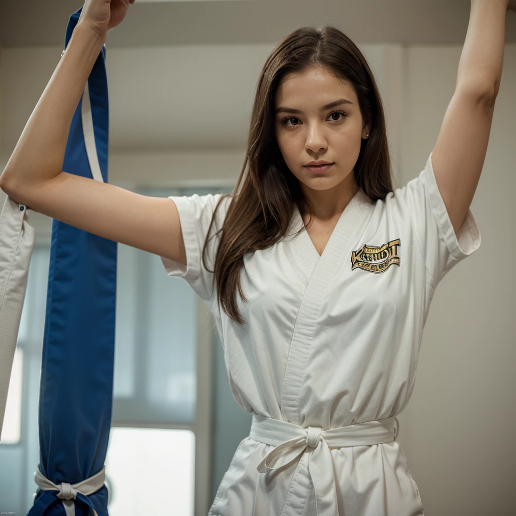 1girl in, 30 years old, Square face, Long hair, Looking at viewer, jewelry, Reality, Sexy, karate uniform, karate dojo , free pose