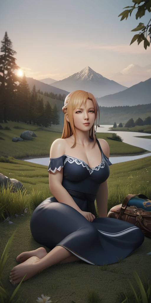 score_9, score_8_up, score_7_up, score_6_up, uncensored, Asuna Yuuki long hair, orange hair, fold hair, braid, orange eyes, breasts, epic art, fantasy, 1girl, grass, solo, barefoot, sitting, breasts, mountain, sunset, dress, bare_shoulders, outdoors, looking_at_viewer, off_shoulder, field, sky, lake, collarbone, mountainous_horizon, indian_style, twilight, tree, black_dress, large_breasts, scenery, medium_breasts, feet, off-shoulder_dress, (bokeh:1.3), rock, 